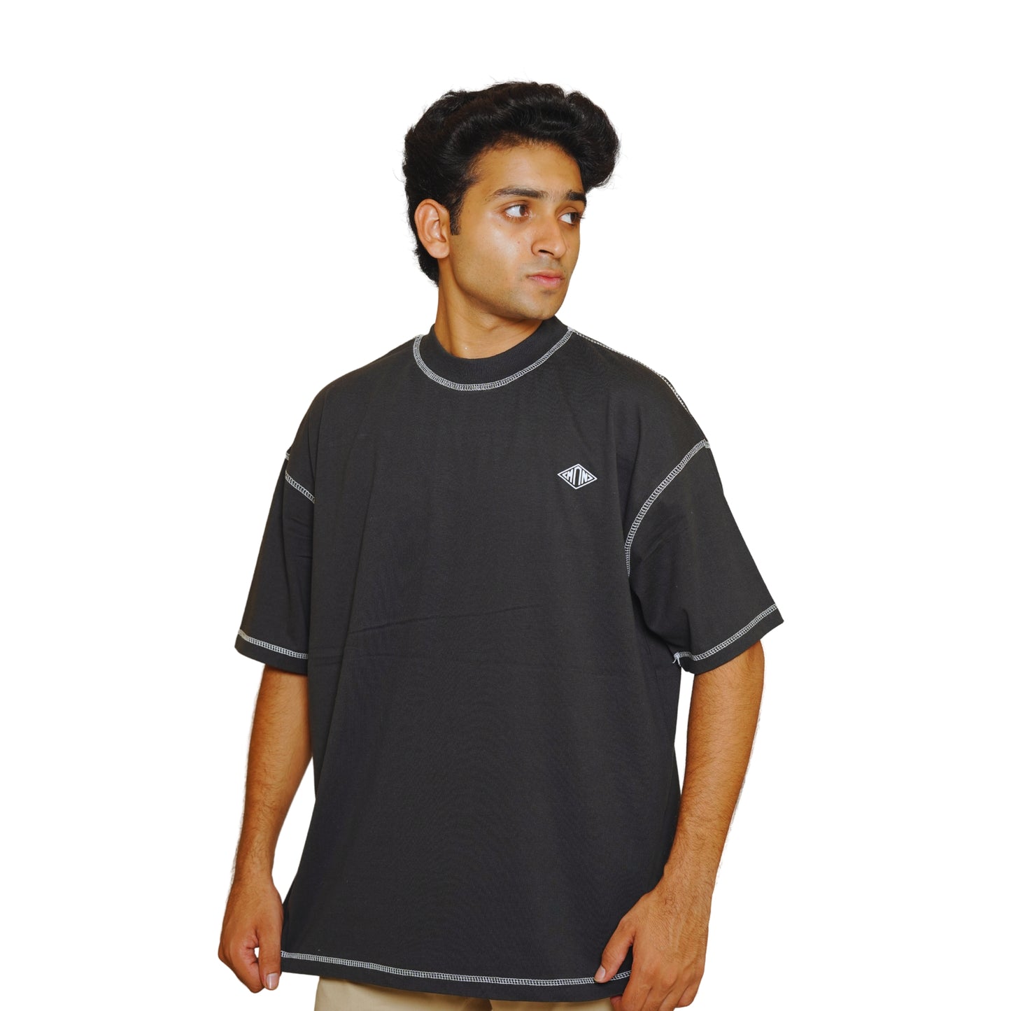 BLACK CREW NECK FIVE NEEDLE UNISEX T-SHIRT I OVERSIZED RELAXED COTTON T-SHIRT