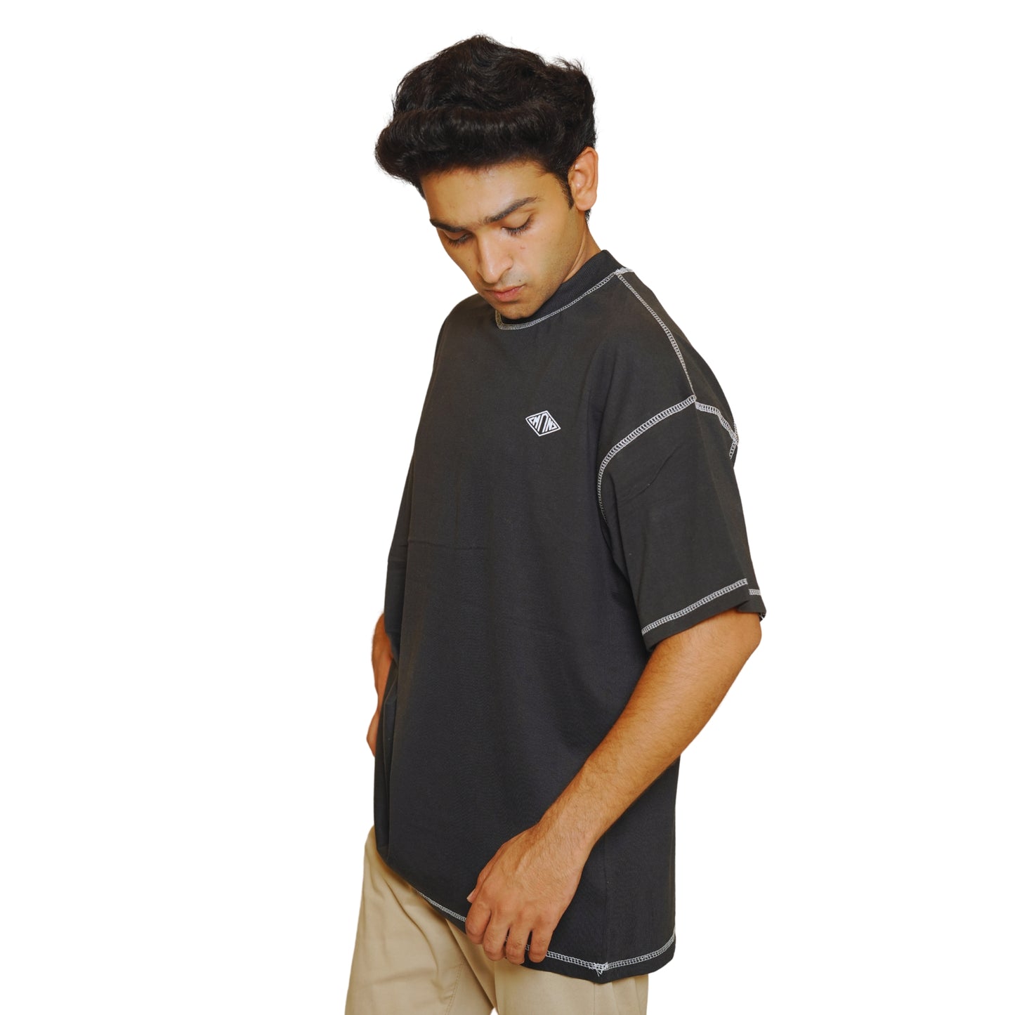 BLACK CREW NECK FIVE NEEDLE UNISEX T-SHIRT I OVERSIZED RELAXED COTTON T-SHIRT