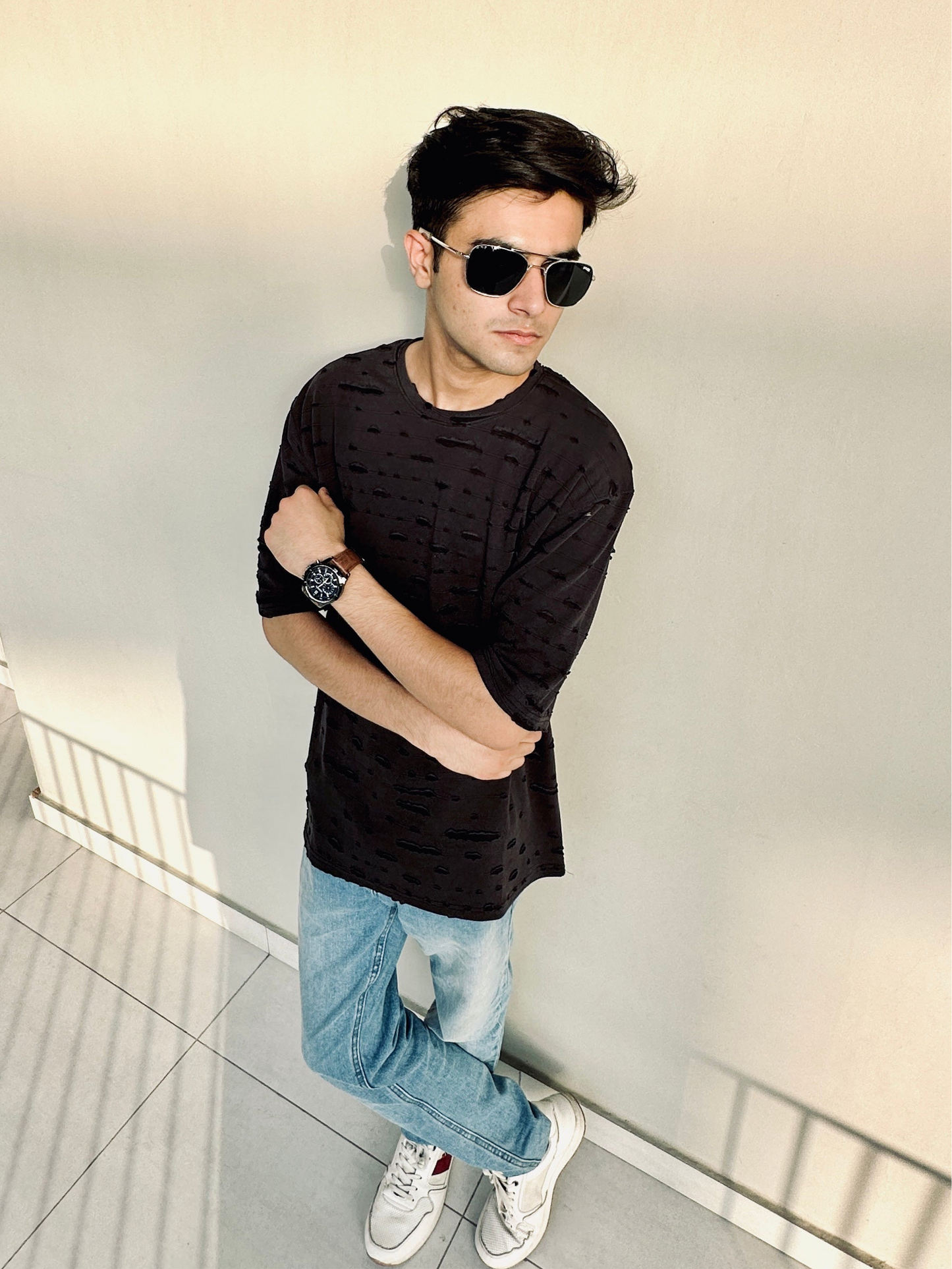 Black Fraycut Drop Shoulder Tee | Streetwear Style