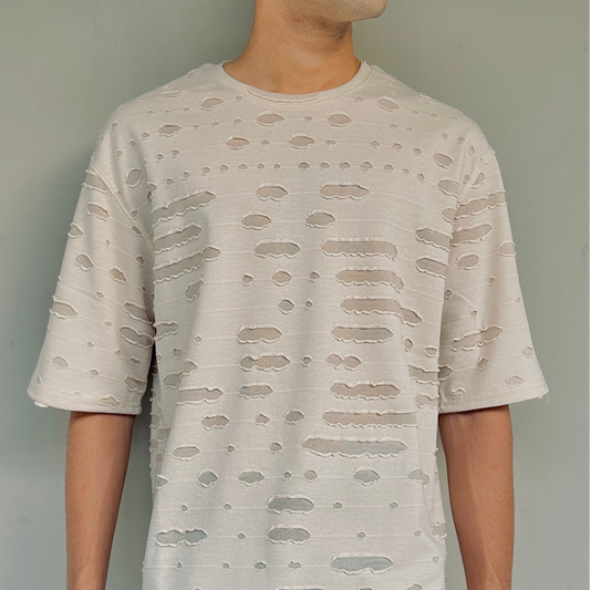 Beige Fraycut Drop Shoulder Tee | Streetwear Style