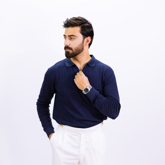 NAVY DROP NEEDLE FULL SLEEVE POLO