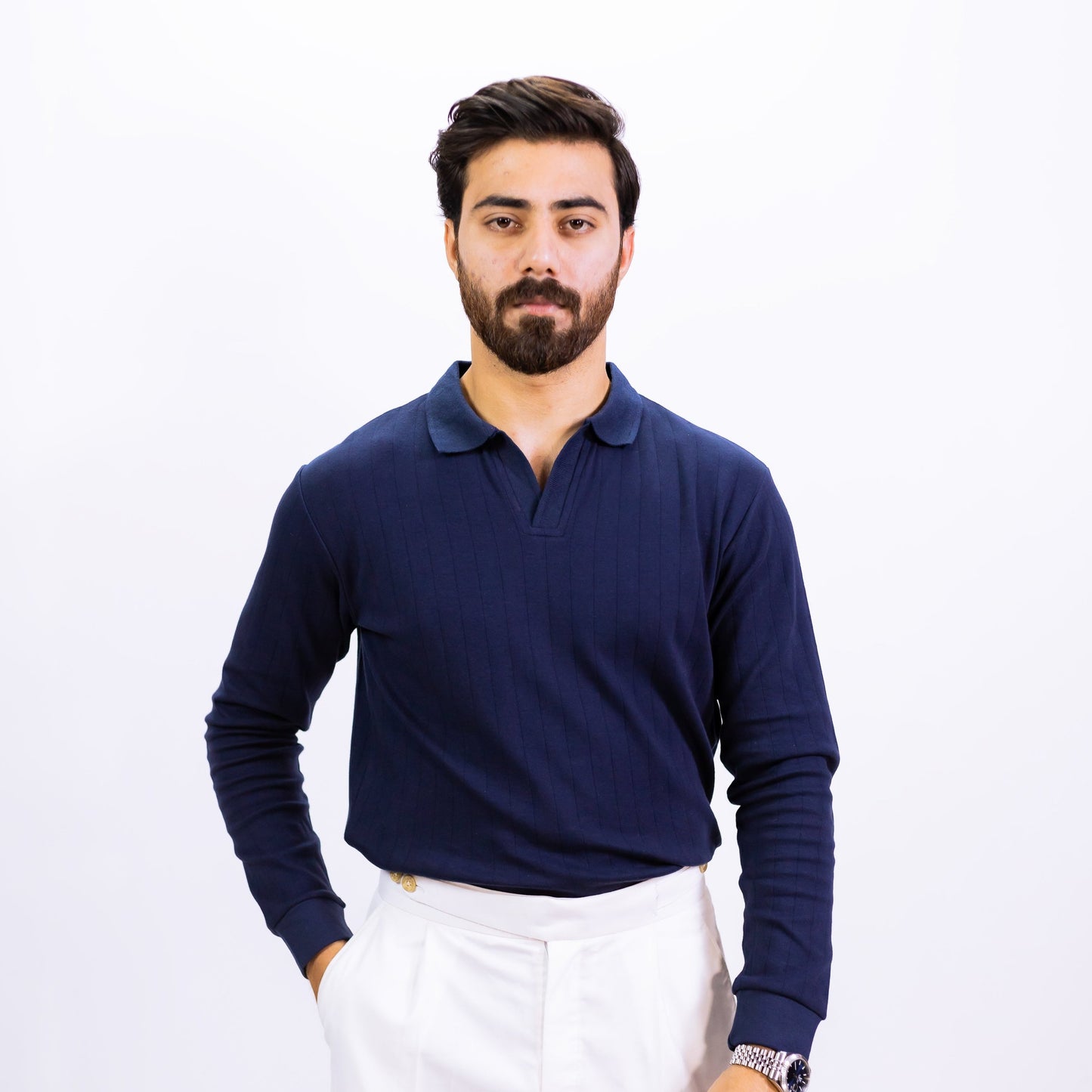 NAVY DROP NEEDLE FULL SLEEVE POLO